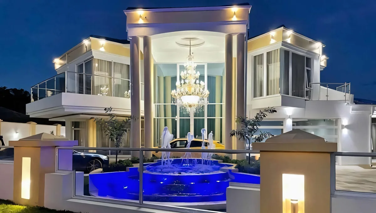 Illuminated Borrowdale residence at dusk, with a blue-lit fountain and landscaped entrance.