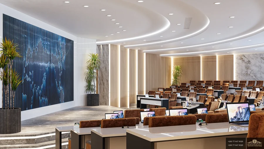 Rainbow Kadoma conference design concept with tiered seating, a large display and curved ceiling lighting.