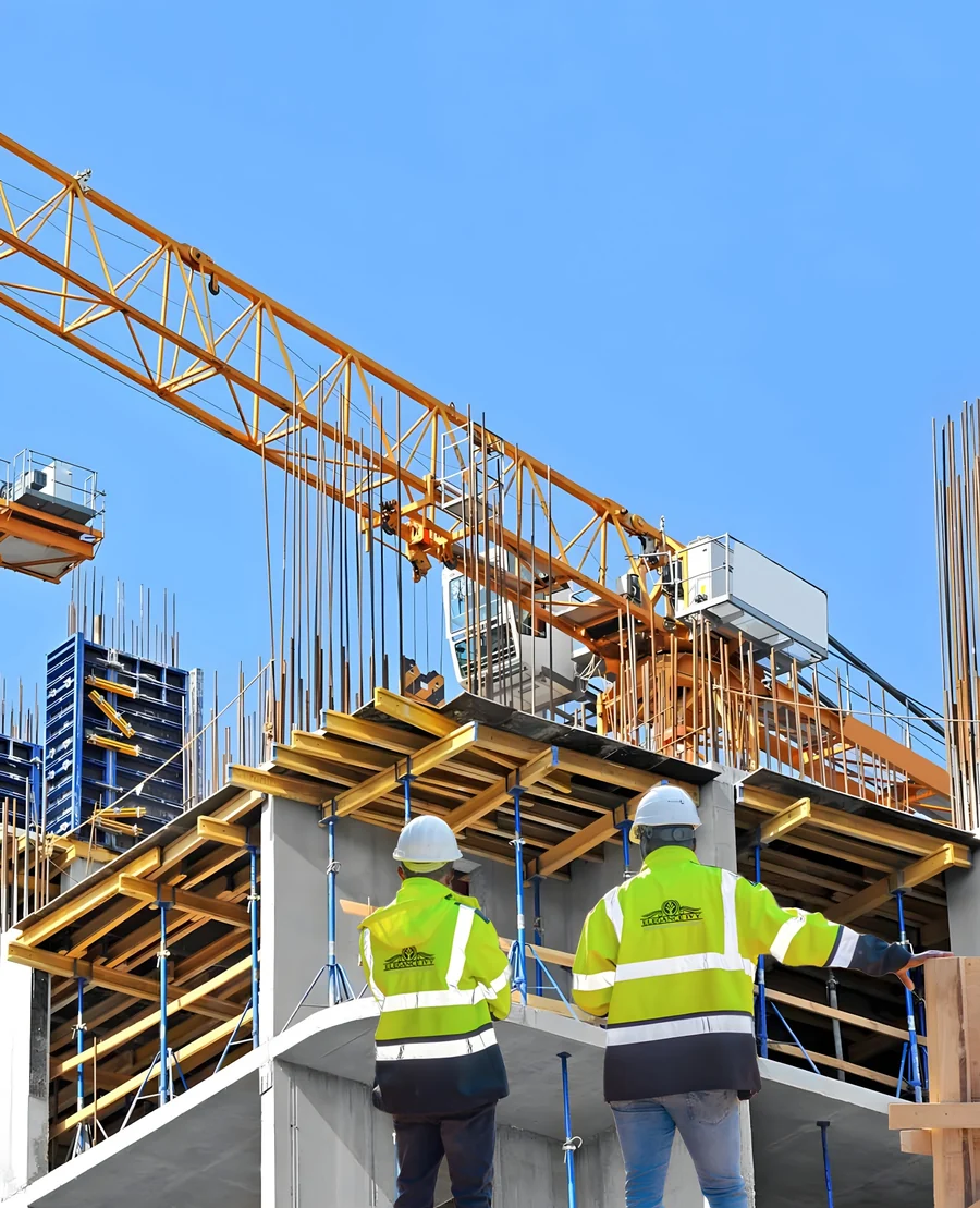 Two people in Elegance Ivy high-visibility workwear overlooking a construction site with concrete structures and a crane.