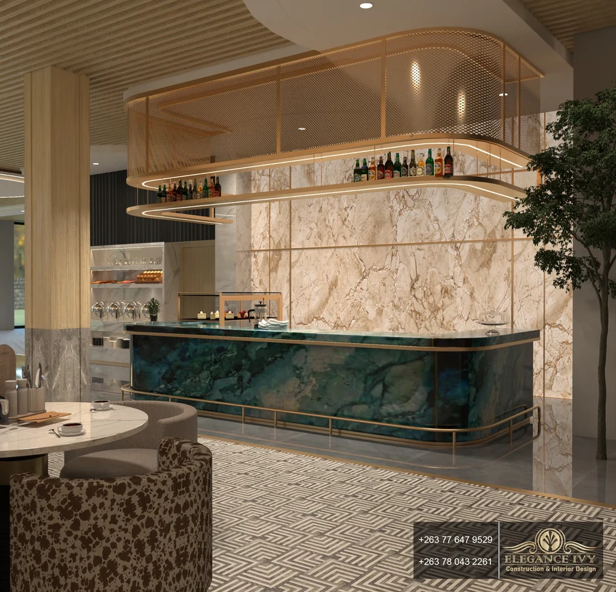 Rainbow Hotels by Elegance Ivy: bar design visualisation with green stone, illuminated marble and brass details.