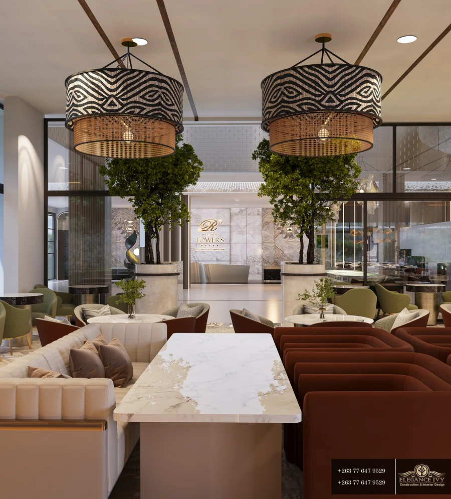 Rainbow Hotels by Elegance Ivy: lounge design visualisation with statement pendant lights, seating and planting.
