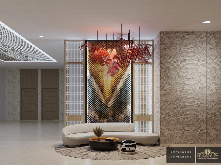 Rainbow Hotels by Elegance Ivy: reception design visualisation with a sculptural feature wall and curved seating.