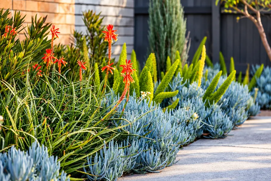 Colourful flowering border with blue-green foliage beside a landscaped path