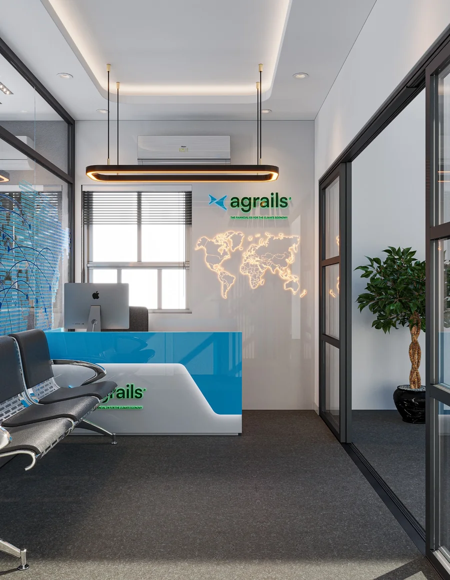 Office reception design visualisation with glazed partitions, a blue desk and waiting seating